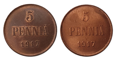 2x 5 penniä 1917 I / II - hienokuntoiset!