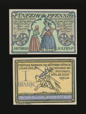 Saksa Notgeld 50 Pfg, 1 Mark, Satrup 1921