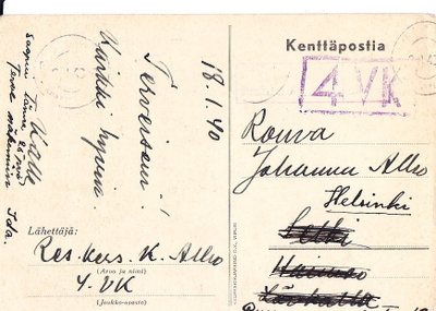 Kortti Kenttäposti Hyvä Yksikön Leima 4VK 1940 Talvisota