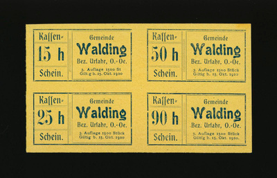 Itävalta Notgeld 15, 25, 50, 90 Heller, Walding
