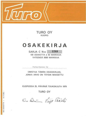 OKK 1979 Turo Oy, Kuopio osakekirja.