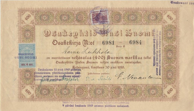 OKK 1919 Uusi Suomi Oy, Helsinki osakekirja