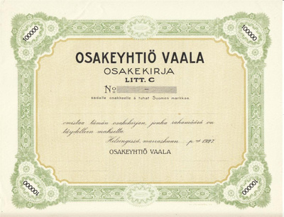 OKK 1927 Vaala Oy, bla Helsinki osakekirja