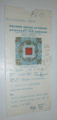Apteekkiresepti, Kolmen Sepän apteekki, Helsinki 1967
