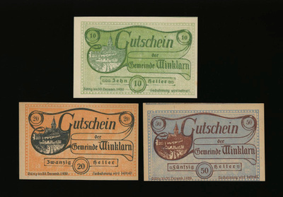 Itävalta Notgeld 10, 20, 50 Heller, Winklarn 1920