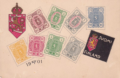 POSTIMERKKIEN 1901 MUISTOKORTTI SURUMERKKI LISÄYS KUVITUKSES