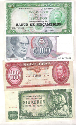 Escudos, Dinara, Forint ja Sto Korun, setelit, 4 kpl.