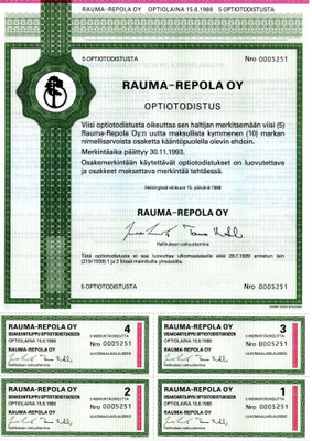RAUMA-REPOLA Oy Optiotodistus 5 osaketta