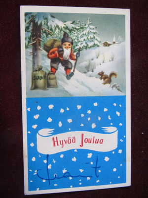 Tonttu ja rahasäkit. Joulukortti