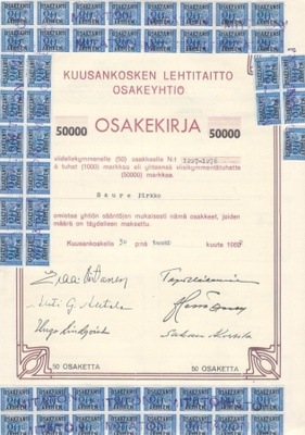 OKK 1962 Kuusankosken Lehtitaitto Oy, Kuusankoski osakekirja