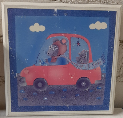 Tarja Laaninen pieni puutaulu Hiiriperhe autossa