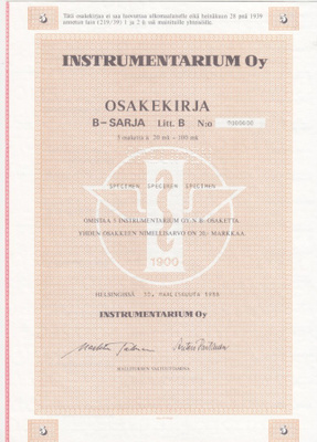 OKK 1988 Instrumentarium Oy spec, Helsinki pörssi osakekirja