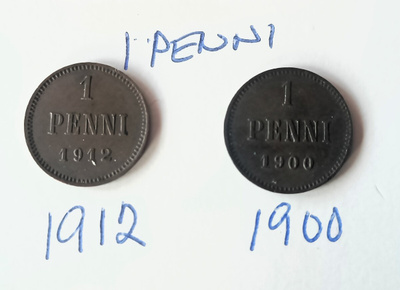 Kaksi 1 pennin kolikkoa 1900-luvun alku