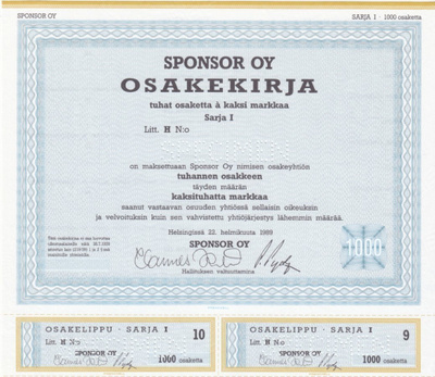 OKK 1989 Sponsor Oy spec, Helsinki pörssi osakekirja