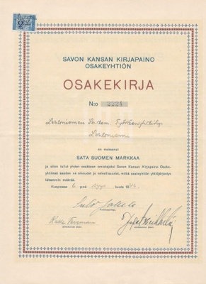 OKK 1946 Savon Kansan Kirjapaino Oy, Kuopio osakekirja
