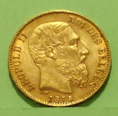 Belgia 20 Francs 1875 kulta raha. Kunto hyvä.