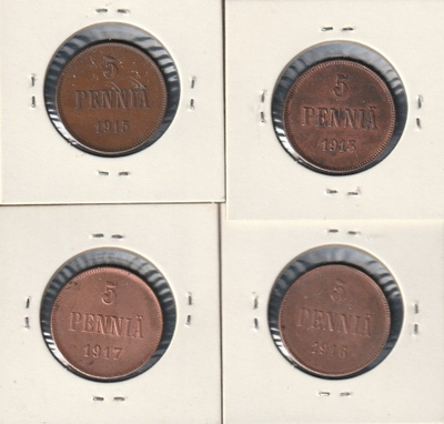 Suomi : 5 penniä kuparia, 1913, 1915, 1916, 1917