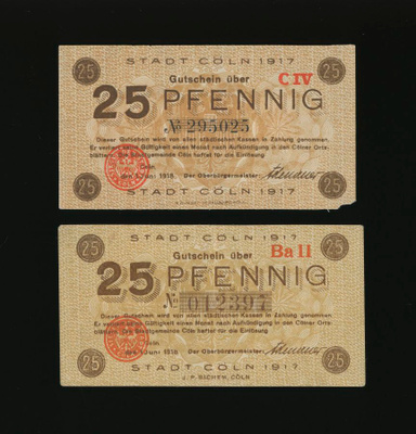 Saksa Notgeld 2 x 25 Pfennig, Köln 1.6.1918 VG-VF