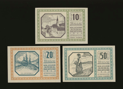 Itävalta Notgeld 10, 20, 50 Heller, Thalgau 1920