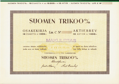 OKK 1951 Suomen Trikoo Oy, Tampere osakekirja pörssi spec