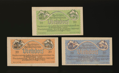 Itävalta Notgeld 10, 20, 50 Heller, Viehdorf 1920