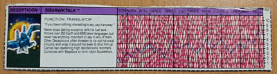 Transformers G1 SQUAWKTALK (1989) - Tech Spec