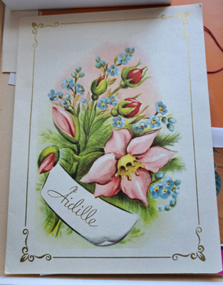 kukkakimppu äidille, taittokortti, kulkenut 1956