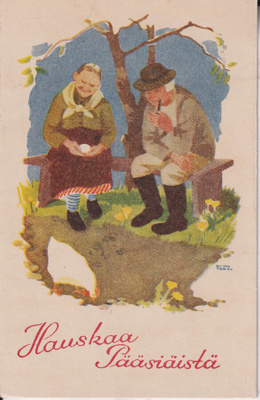 Hauskaa Pääsiäistä. Vanha pariskunta. kana. e212