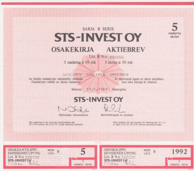 OKK 1989 STS-Invest Oy spec, Helsinki pörssi osakekirja