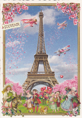 Eiffel ja vaaleanpunaiset kukat ja sydämet