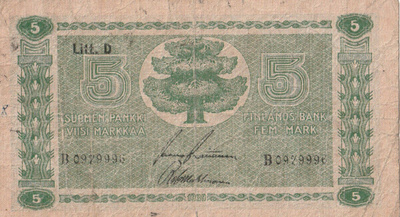5 markkaa 1939 Litt. D, sarja B