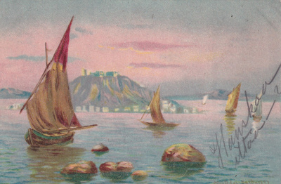Purjevene, maalaus, wanhakortti b480