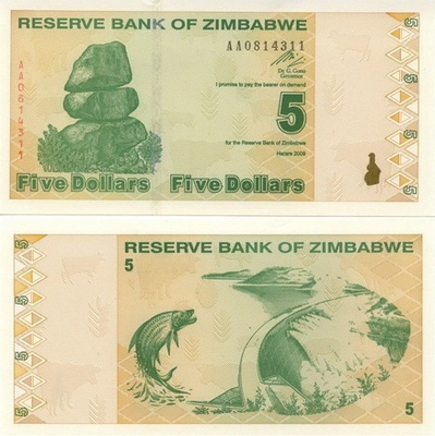 Zimbabwe 5 Dollars v.2009 (P-93) UNC AA-sarjaa