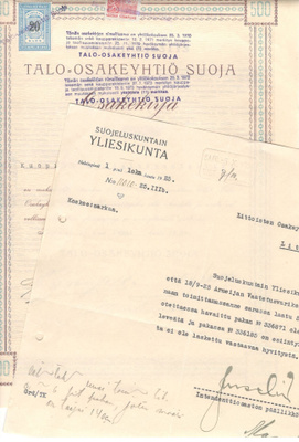 OKK osakekirja Talo-oy Suoja Kuopio 1924 + SK kirje 1925