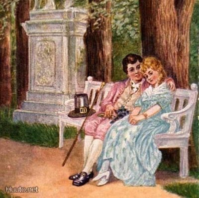 RAKKAUS / Nuori pari puistossa patsaan luona. 1900-l.
