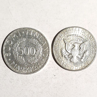 Suomi ja USA Hopea kolikot 1952 ja 1968