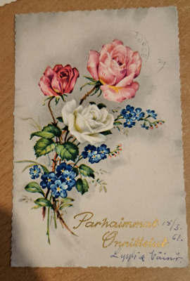 kukkakortti, ruusuja, kulkenut 1961