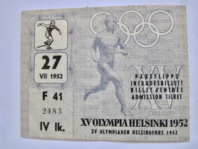 Helsinki 1952 Olympia Pääsylippu Lippu Yleisurheilu 27.7.52