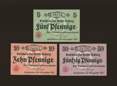 Saksa Notgeld 5, 10, 50 Pfennig, Schleiz 1917
