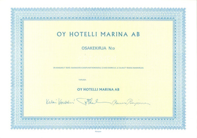OKK 1986 Hotelli Marina Oy spec, Turku osakekirja