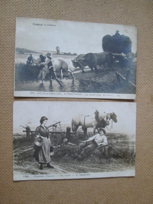 kaksi vintage taidekorttia - 1900-luku alku - heinätöissä