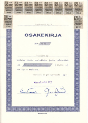 OKK 1963 Koneluotto Oy, Helsinki osakekirja (Hankkija)