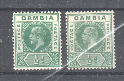 Gambia ½p yrjöv kaksi liimakkeelista eri värisävyt.