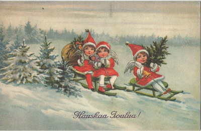 kortti Kelkkailu luistelu mäenlasku - eril. joulukortteja