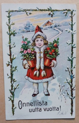 Pikkutonttu tuo Uuden Vuoden kukkia kaksin käsin, p. 1903