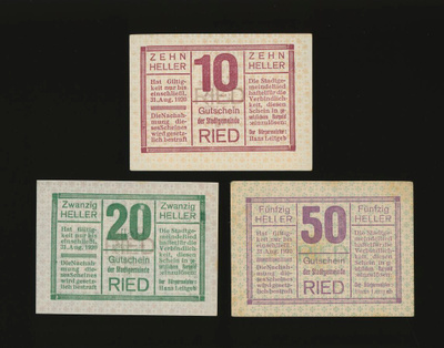 Itävalta Notgeld 10, 20, 50 Heller, Ried 1920