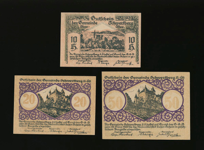 Itävalta Notgeld 10, 20, 50 Heller, Schwertberg 1920