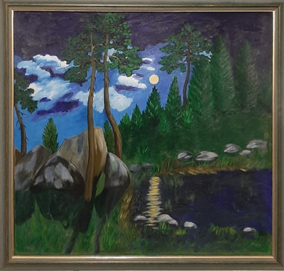 Öljyvärimaalaus taulu kuutamo metsä vesistö yö