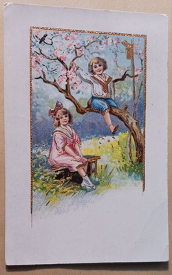 Lapset keväisessä puistossa, kultaus, kohop, p. 1921