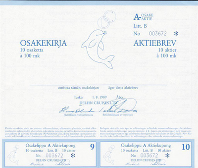 OKK 1989 Laivayhtiö Delfin Cruises Ltd spec, Turku osakekirj